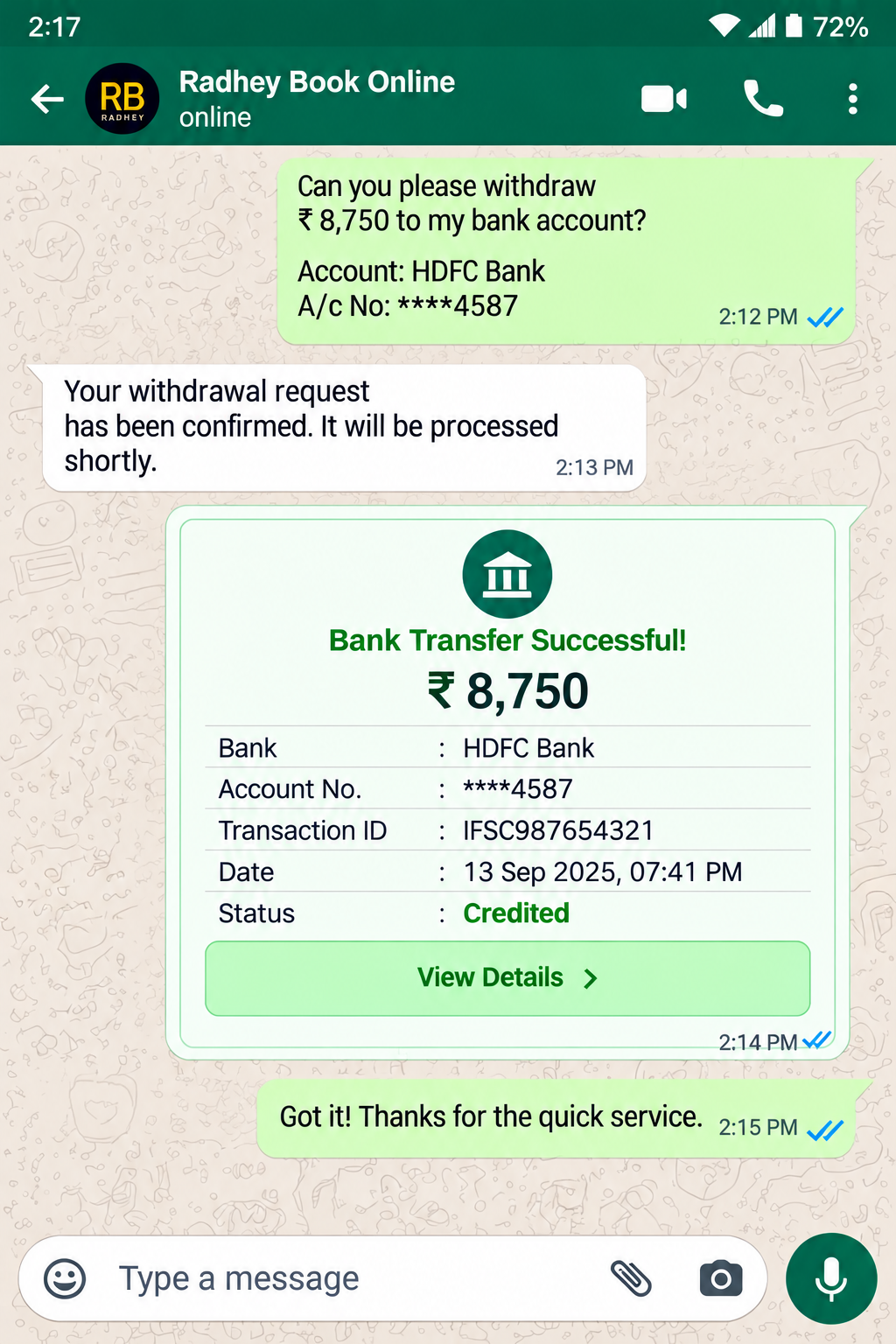 Screenshot showing a withdrawal transaction for proof
